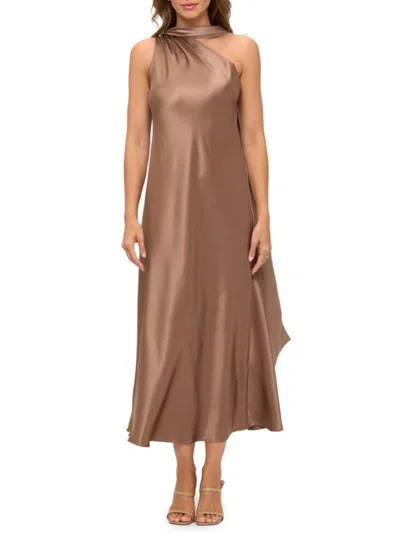 Renee C Women's One Shoulder Scarf Satin Midi Dress In Brown