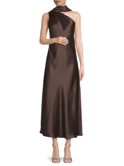 Renee C Women's One Shoulder Scarf Satin Midi Dress In Brown