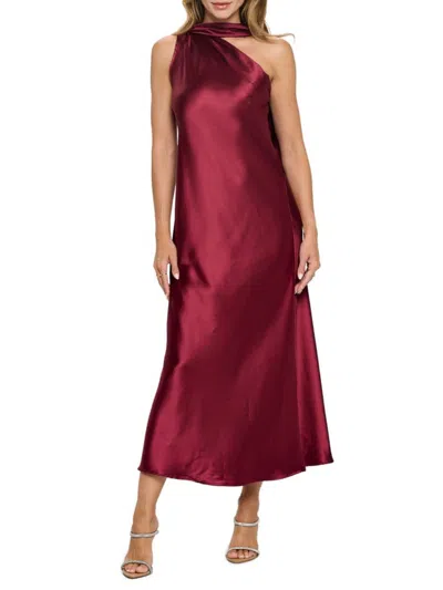 Renee C Women's One Shoulder Scarf Satin Midi Dress In Burgundy