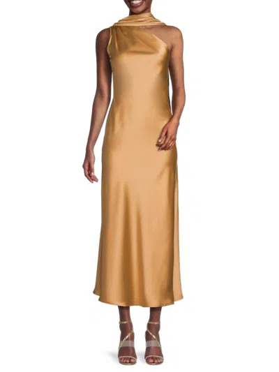 Renee C Women's One Shoulder Scarf Satin Midi Dress In Gold