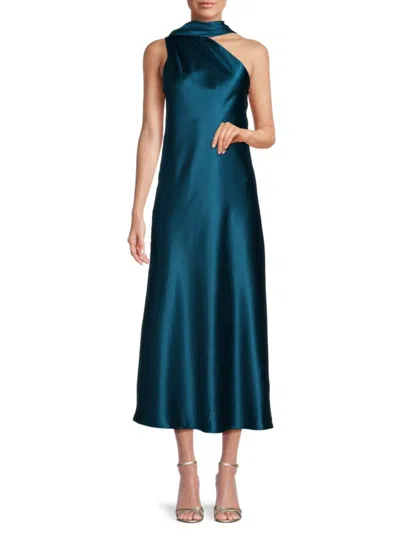 Renee C Women's One Shoulder Scarf Satin Midi Dress In Teal