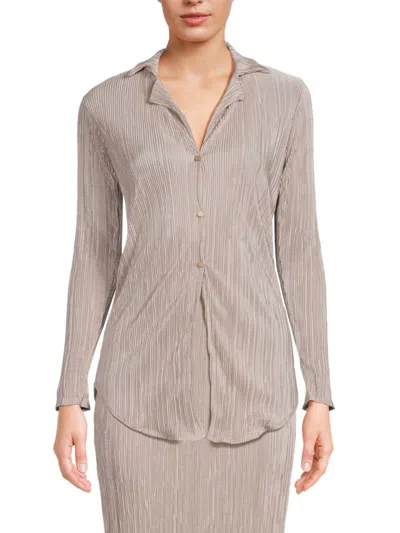 Renee C Women's Plisse Camp Collar Button Down Shirt In Beige