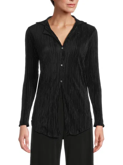 Renee C Women's Plisse Camp Collar Button Down Shirt In Black