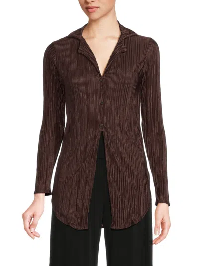 Renee C Women's Plisse Camp Collar Button Down Shirt In Brown