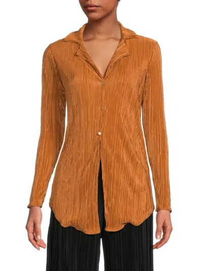 Renee C Women's Plisse Camp Collar Button Down Shirt In Caramel