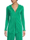 Renee C Women's Plisse Camp Collar Button Down Shirt In Emerald Green