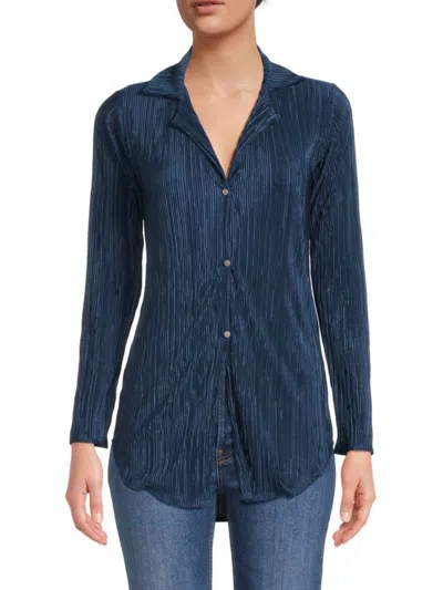 Renee C Women's Plisse Camp Collar Button Down Shirt In Navy