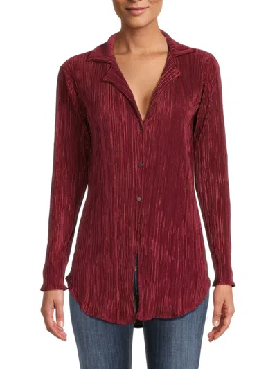 Renee C Women's Plisse Camp Collar Button Down Shirt In Wine