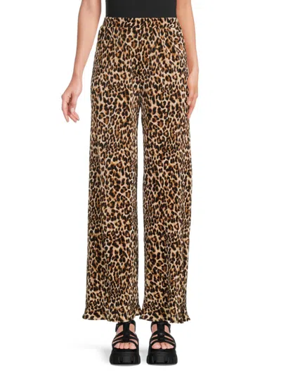 Renee C Women's Plissé Leopard Print Pants In Brown
