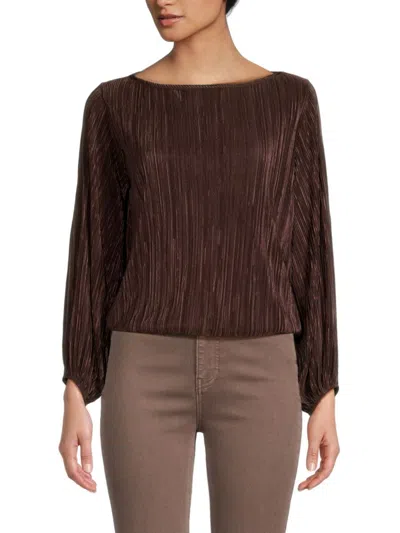 Renee C Women's Plisse Puff Sleeve Top In Brown