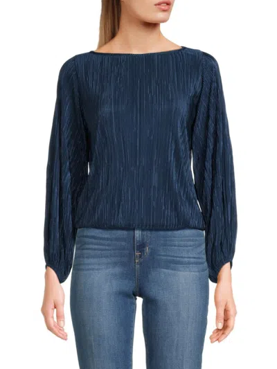 Renee C Women's Plisse Puff Sleeve Top In Navy