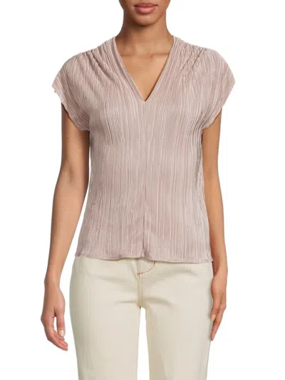 Renee C Women's Plisse V Neck Top In Beige