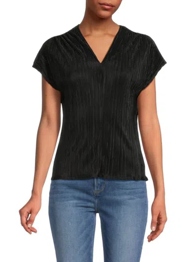 Renee C Women's Plisse V Neck Top In Black