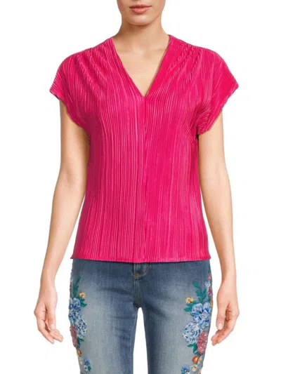 Renee C Women's Plisse V Neck Top In Dark Fuchsia