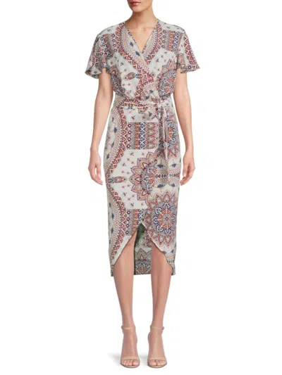 Renee C Women's Print Midi Wrap Dress In White Multi