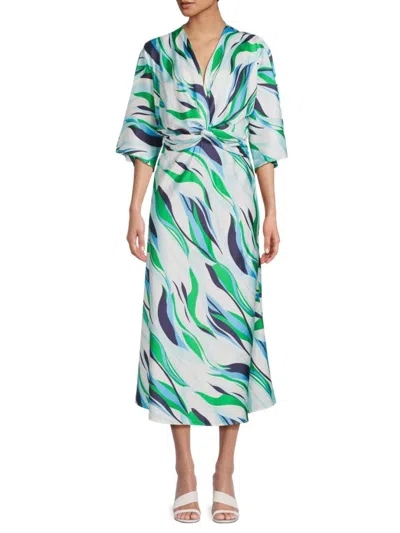 Renee C Women's Print Twisted Front Satin Midi-dress In Blue Multicolor