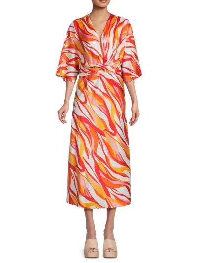 Renee C Women's Print Twisted Front Satin Midi-dress In Orange Multicolor