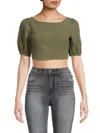 Renee C Women's Puff Sleeve Linen Blend Crop Top In Olive