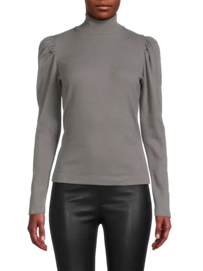 Renee C Women's Puff Sleeve Ribbed Turtleneck Top In Grey