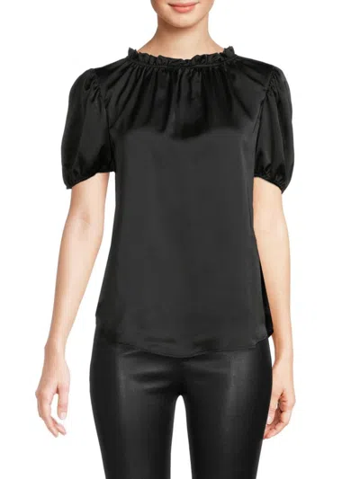 Renee C Women's Puff Sleeve Ruffle Satin Top In Black