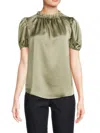 Renee C Women's Puff Sleeve Ruffle Satin Top In Sage