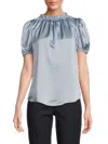 Renee C Women's Puff Sleeve Ruffle Satin Top In Steel Blue