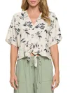 Renee C Floral Short Sleeve Tie Front Crop Top In Black