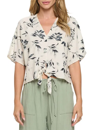 Renee C Floral Short Sleeve Tie Front Crop Top In Black