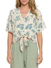 Renee C Women's . Floral Front Tie Linen Top In Denim