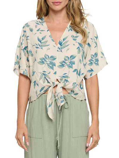 Renee C Women's . Floral Front Tie Linen Top In Denim