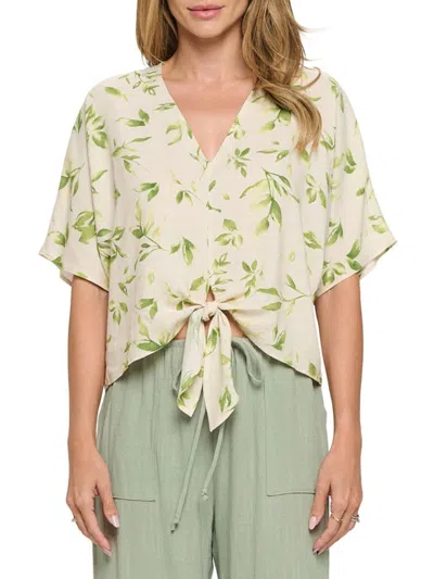 Renee C Floral Short Sleeve Tie Front Crop Top In Green