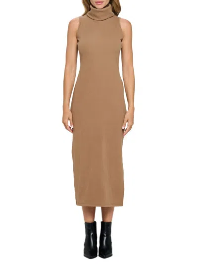 Renee C Women's Rib Knit Turtleneck Midi Dress In Mocha