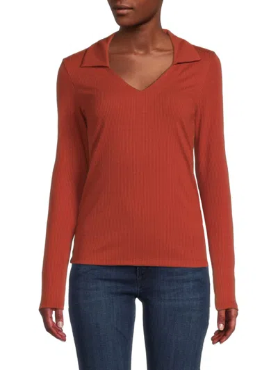 Renee C Women's Ribbed Collared Top In Rust