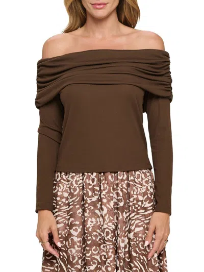Renee C Women's Ribbed Off The Shoulder Top In Chocolate