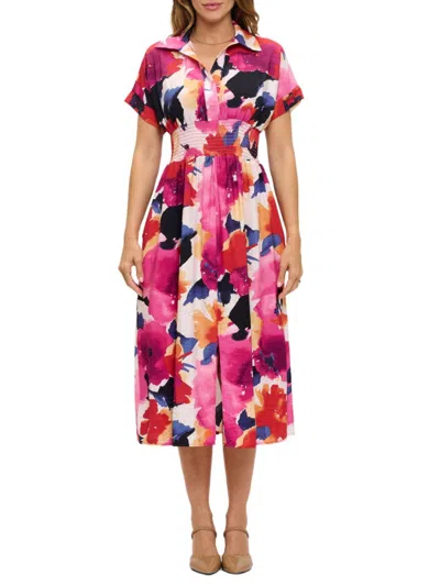 Renee C Women's Ruched Floral-print Collared Midi-dress