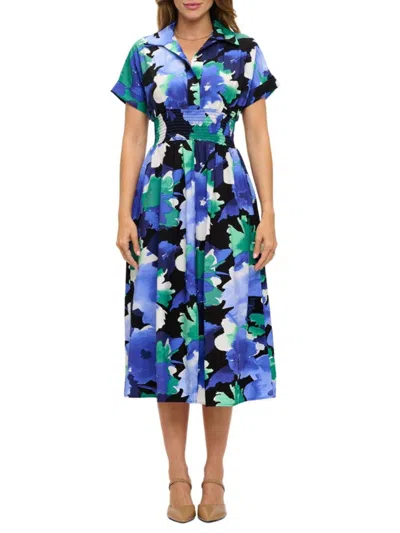 Renee C Women's Ruched Floral-print Collared Midi-dress