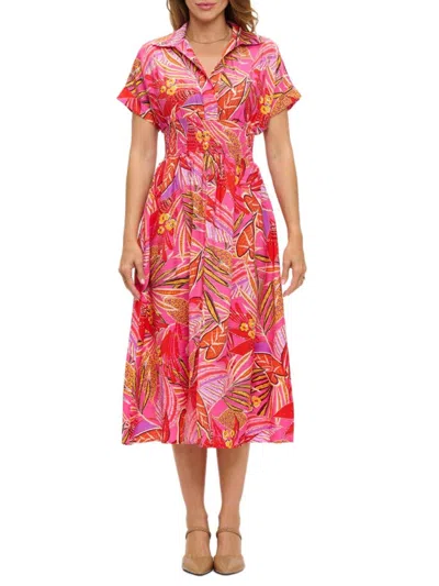 Renee C Women's Ruched Tropical-print Collared Midi-dress