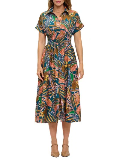 Renee C Women's Ruched Tropical-print Collared Midi-dress