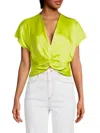 Renee C Plunge Neck Long Sleeve Twisted Knot Satin Top In Citron