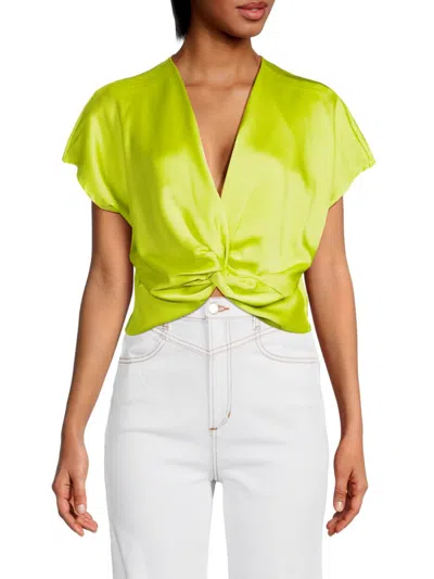 Renee C Plunge Neck Long Sleeve Twisted Knot Satin Top In Citron