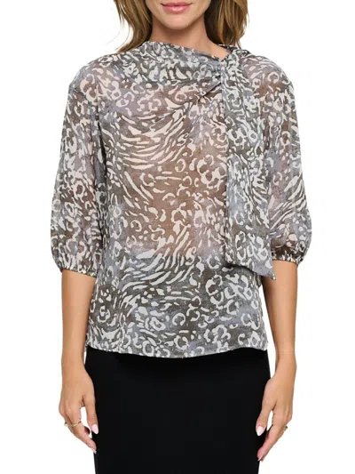 Renee C Women's Scarf Detail Animal Print Sheer Blouse In Charcoal