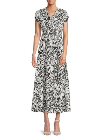 Renee C Short Sleeve Smocked Cotton Blend Maxi Dress In Black White