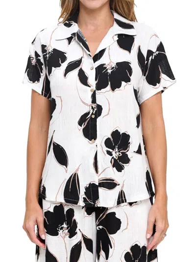 Renee C Women's Short Sleeve Floral Linen Shirt In White