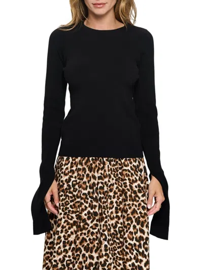 Renee C Women's Split-cuff Crewneck Sweater In Black