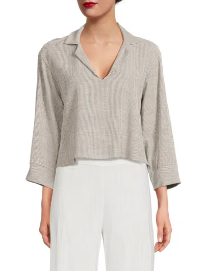 Renee C Stripe Notch Collar Top In White Multi