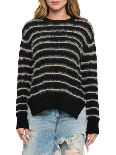 Renee C Women's Striped Fuzzy Crewneck Sweater In Black Taupe