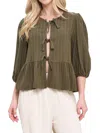 Renee C Women's Striped Linen Tie-front Top In Olive