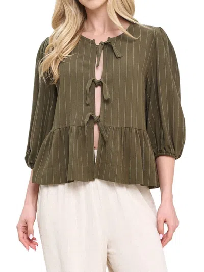 Renee C Women's Striped Linen Tie-front Top In Olive
