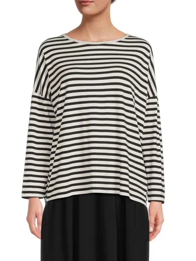 Renee C Women's Striped Long Sleeve Boxy Tee In Black White