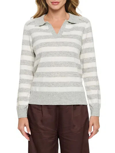 Renee C Women's Striped Polo Sweater In Grey Ivory